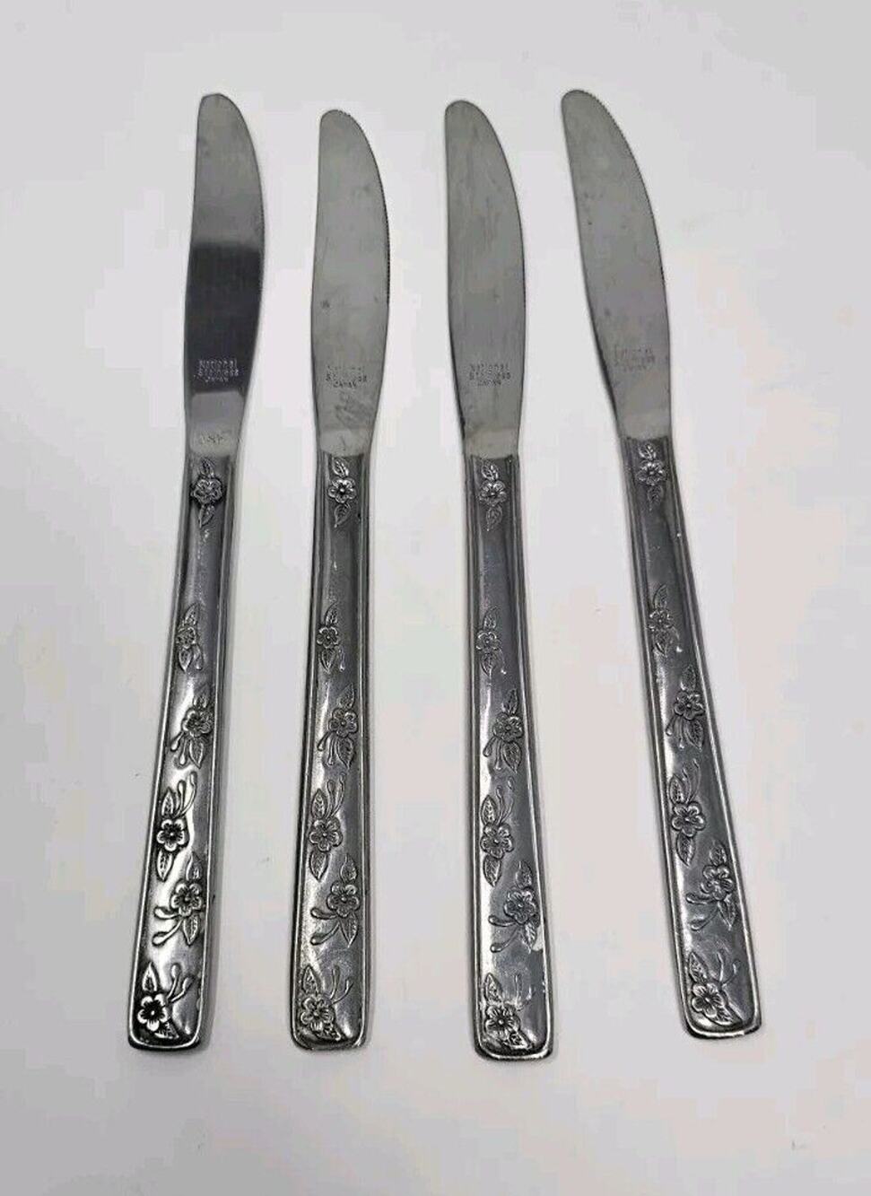 4 Vintage National Stainless Dinner Knives Floral Rare Print Japan Knife Flatwar